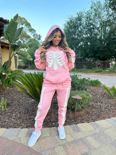 *PRE-ORDER* GLOW IN THE DARK SKELETON HOODIE - BABY PINK