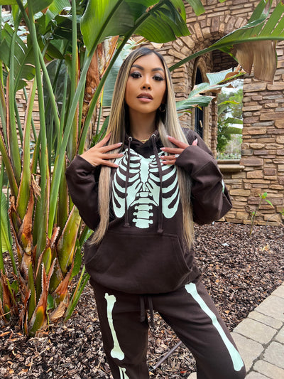 *PRE-ORDER* GLOW IN THE DARK SKELETON HOODIE - CHOCOLATE BROWN