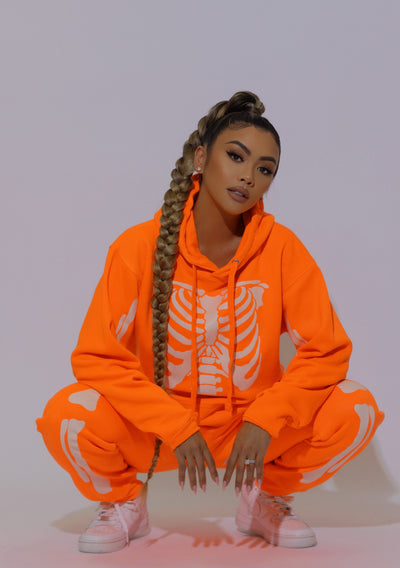 *PRE-ORDER* GLOW IN THE DARK SKELETON HOODIE - NEON ORANGE